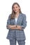 Happy young woman in blue checkered suit crossing arms
