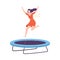 Happy Young Woman Bouncing on Garden Trampoline, Active Healthy Lifestyle, Summer Time Attraction Flat Style Vector