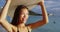 Happy Young Woman Carrying Surfboard On Head At Waikiki Beach