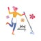 Happy young woman cleaning and dancing with mop. Spring cleaning concept with flowers on white background. Vector cartoon