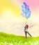 Happy young woman and colorful balloons