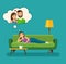 Happy young woman dreams of a love relationship and lying on sofa isolated. Vector flat style illustration.