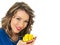 Happy Young Woman Holding a Fresh Ripe Juicy Mango Half