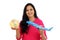 Happy young woman holding globe and toy plane against white