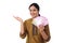 Happy young woman holding Indian 2000 notes