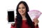 Happy young woman holding Indian currency and cellphone