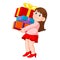 Happy young woman holding pile of gifts