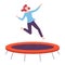 Happy Young Woman Jumpig on Garden Trampoline, Fun and Leisure, Active Healthy Lifestyle Flat Style Vector Illustration