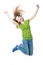 Happy young woman jumping in the air against white background