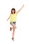 Happy Young Woman Is Jumping With Arm Raised And Smiling