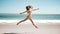 Happy young woman jumping on beach in cinemagraph