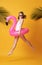 Happy young woman jumping on yellow background dressed in swimwear holding flamingo rubber ring beach