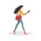 Happy young woman with long black hair walking and looking smartphone. Flat modern trendy design style. Urban girl drawing.