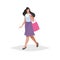 Happy young woman with long black hair walking and shopping. Flat modern trendy design style. Urban girl drawing.