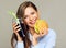 Happy young woman portrait with fast food