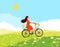 happy young woman riding bike with kite going outing in spring. Spring Equinox concept art.