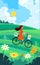 happy young woman riding bike with kite going outing in spring. Spring Equinox concept art.