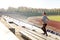 Happy young woman running upstairs on stadium