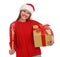 Happy young woman in Santa hat with Christmas gift and sparkler