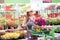 Happy young woman shopping for potted flowers