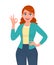 Happy young woman showing okay sign. Trendy smiling girl making OK or cool gesture with hand fingers. Female character design.