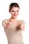 Happy young woman showing thumb up sign