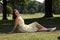 Happy young woman tanning in park summer sunshine