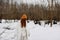 Happy young woman Walk in winter field landscape outdoor entertainment winter holidays