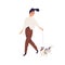 Happy young woman walking with purebred small dog. Pet owner leading her Shetland doggy on leash. Female character and