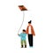 Happy young woman walking with son and flying kite outdoors vector illustration
