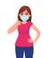 Happy young woman wearing medical face mask and showing thumbs up sign. Trendy girl covering protective surgical mask