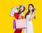 Happy young women dressed in summer clothes holding shopping bags and credit cards
