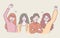 Happy young women stand and cheer up together. Girl power concept, hand-drawn style vector illustration