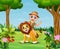 Happy zookeeper boy and lion in a beautiful garden