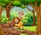 Happy zookeeper boy and lion in a forest