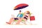 Happye couple relaxing while sitting in lounge deck chair at the beach under umbrella. Vector illustration