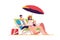 Happye couple relaxing while sitting in lounge deck chair at the beach under umbrella. Vector illustration