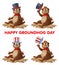 Hapy Groundhog day. Funny cartoon marmot greeting you while taki