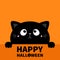 Hapy Halloween. Cat kitten kitty black silhouette holding paper. Paw print. Cute kawaii cartoon sad character. Baby greeting card
