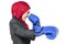 Hapyy face young businesswoman in suit with boxing glove