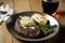 Har-grilled ribeye with mashed potatoes & asparagus and a glass of red wine. Generative AI
