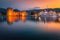 Harbor and cityscape with dawn lights in Trogir, Dalmatia, Croatia