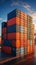 Harbor container display Stacked cargo containers aboard ship, port scenery in focus