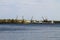 Harbor cranes at cargo port on the river Dnieper in Kremenchug