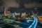 The Harbor Drive Pedestrian Bridge and downtown skyline at night, in San Diego, California