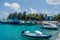 Harbor full of fishermen`s and cargo boats located at the Villingili tropical island