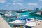 Harbor full of fishermen`s and cargo boats at the Villingili tropical island