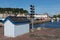 Harbor Honfleur with wooden storehouse and nautical traffic lights, France