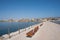 Harbor in Manfredonia, Foggia with benches for the viewing of the beautiful sea in Italy