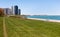 Harbor Point view with Condominiums in background on the shore of Lake Michigan in Chicago downtown, USA